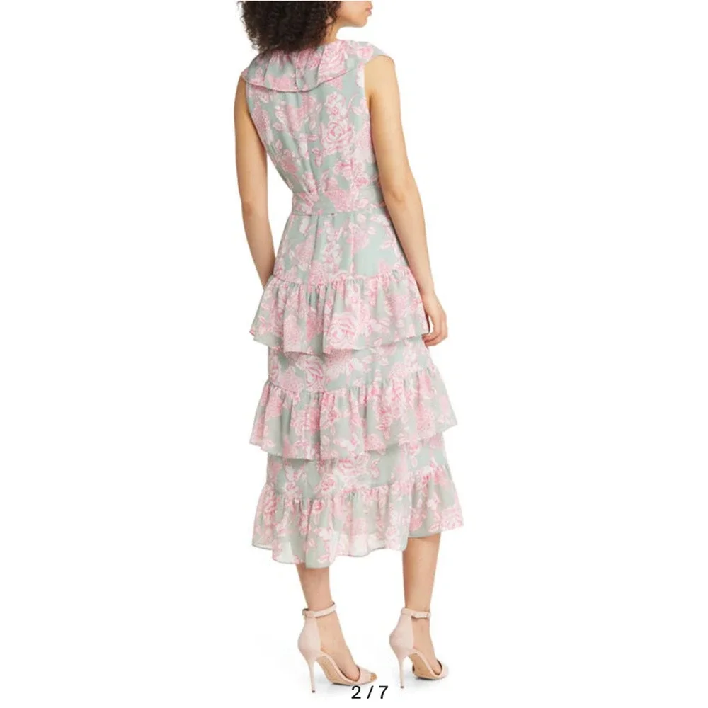 Eliza J Tie Waist Tiered Midi Dress Mint Green Pink Floral Size 4 Wedding Party - Picture 3 of 13